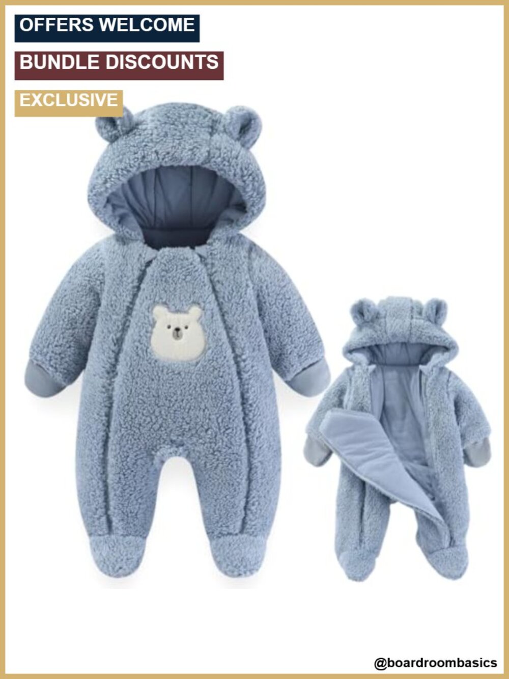 Newborn Baby Winter Snowsuit Bear Hooded Fleece Footie Double Zip Jumpsuit 0-12M